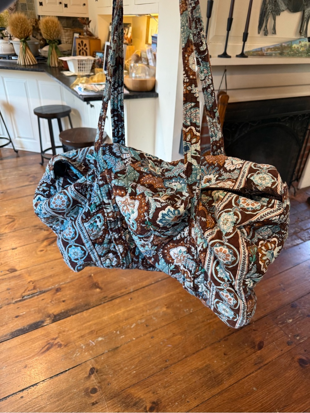 Vera Bradley Vintage Java Blue Quilted Travel Duffel in Brown & Teal Paisley